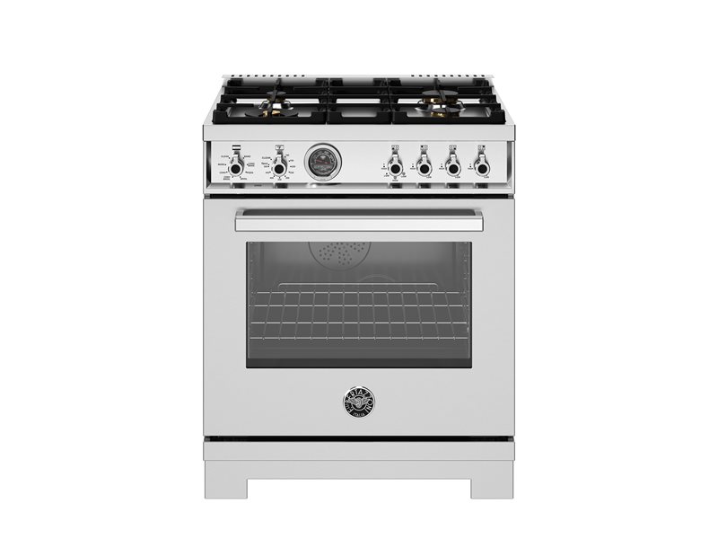 30 inch Dual Fuel Range, 4 Brass Burners, Electric Self-Clean Oven | Bertazzoni - Stainless Steel