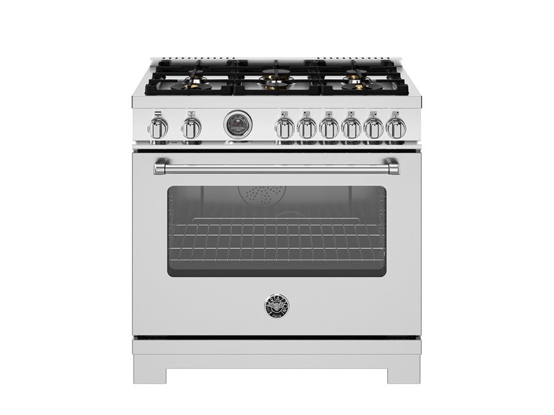 36 inch Dual Fuel Range, 6 Brass Burners and Cast Iron Griddle, Electric Self-Clean Oven | Bertazzoni - Stainless Steel